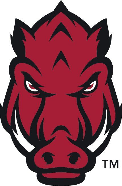 Arkansas Razorbacks mascot logo - fierce red wild boar head with white tusks and black outlines.