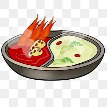 Cartoon-style hot pot with split broth (spicy red and mild clear), shrimp, lotus root, and vegetables in a metal bowl.