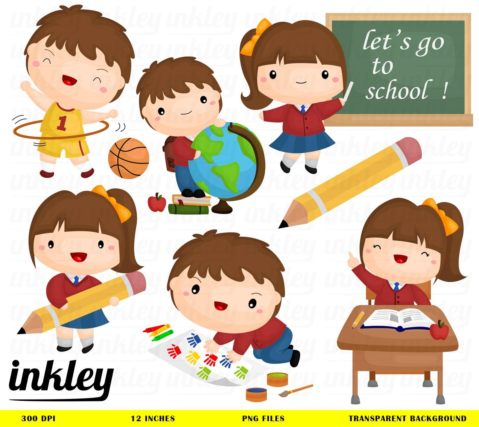 Cute cartoon children in school activities: reading, drawing, playing sports, holding globe and pencil, with chalkboard saying "let's go to school!"