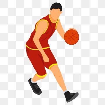 Animated basketball player in red uniform dribbling an orange ball on transparent background.