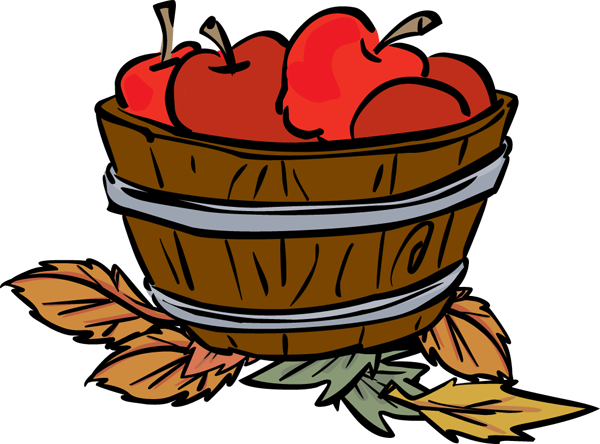 A wooden basket filled with bright red apples, surrounded by autumn leaves.