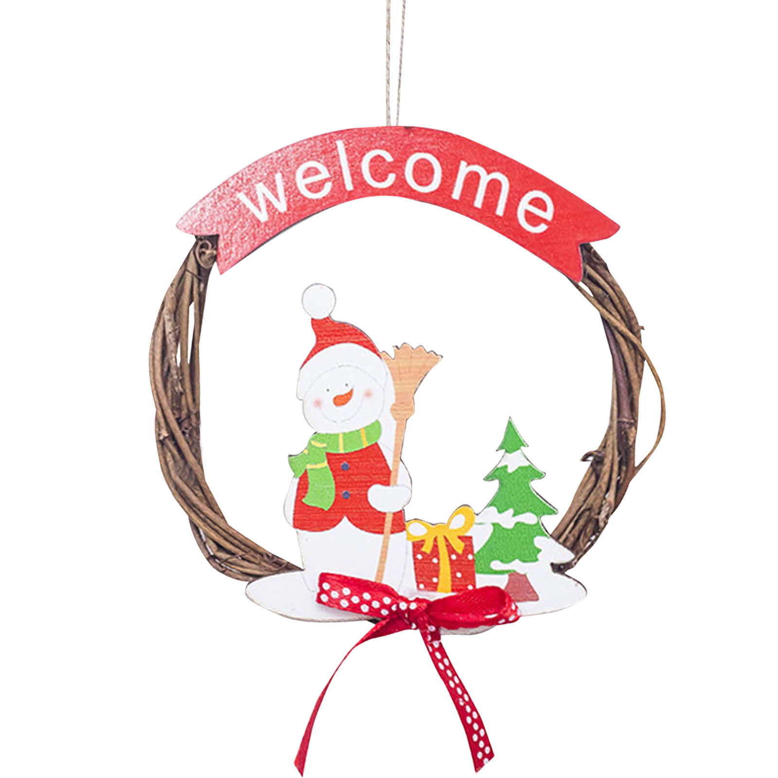 Festive wooden wreath ornament with snowman, Christmas tree, gift, and "welcome" banner.