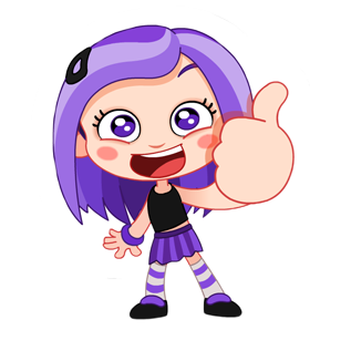 Purple-haired cartoon girl giving a thumbs-up with cheerful expression and striped outfit.