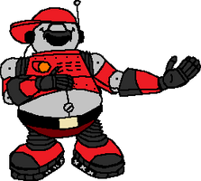 A cheerful red-and-gray robot mascot wearing a cap, holding a wrench and gesturing warmly.