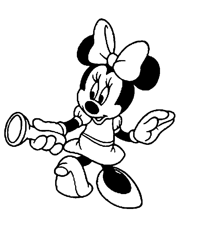 Minnie Mouse in classic black-and-white line art, holding a megaphone and gesturing cheerfully.