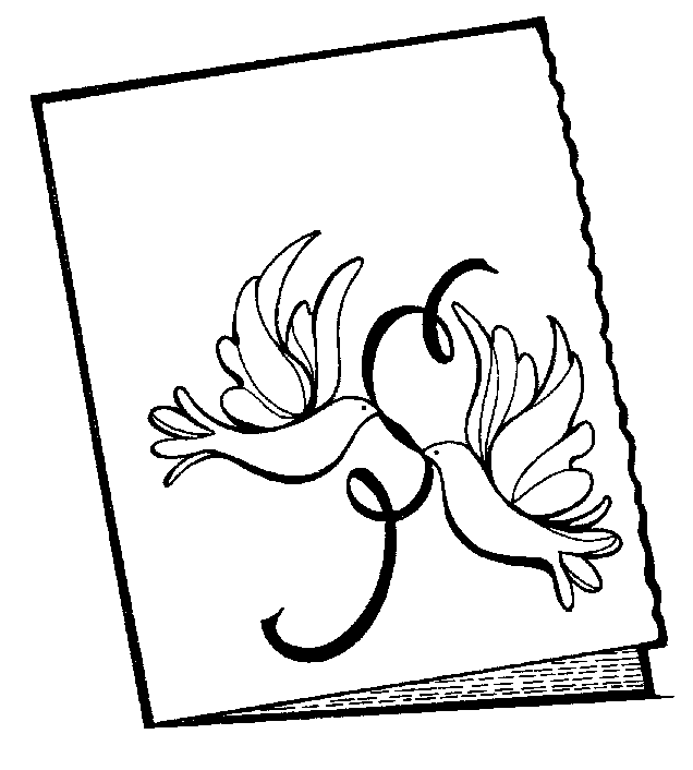 Black-and-white line drawing of two doves entwined with a heart and decorative swirl on a card with torn edge.