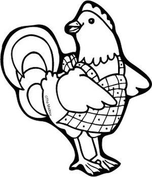 Cartoon rooster wearing a checkered apron, standing proudly with tail feathers fanned out.
