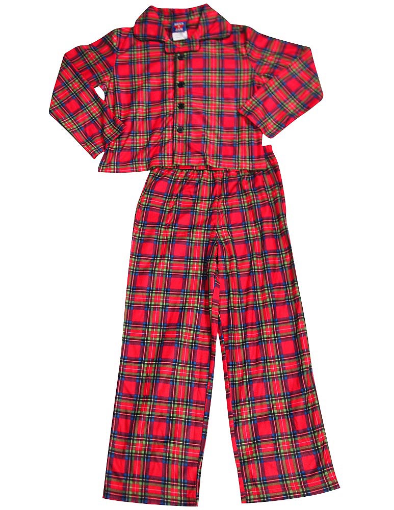 Red plaid flannel pajama set with long-sleeve top and matching pants, featuring black buttons and classic tartan pattern.