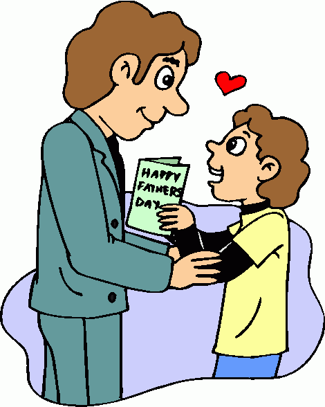 A smiling boy presents a "Happy Father's Day" card to his father, who warmly embraces him; a red heart floats above them.