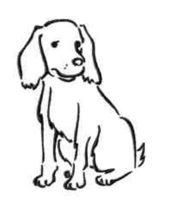 Simple black-and-white line drawing of a sitting dog with floppy ears and gentle expression.