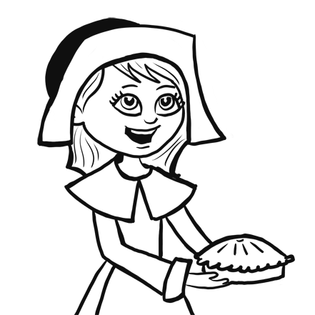 Smiling Pilgrim girl in traditional bonnet holding a pie, black-and-white line drawing.