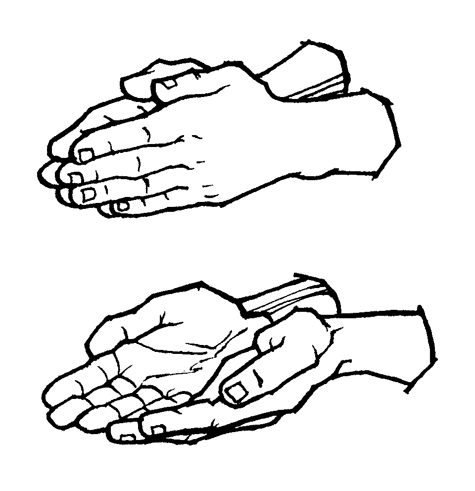 Line drawing of two pairs of hands clasped in prayer or supplication, black and white sketch style.