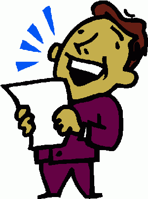 Excited man reading a document with speech burst, smiling broadly.