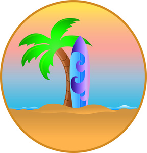 Tropical beach scene with palm tree, colorful surfboard, and sunset gradient sky.