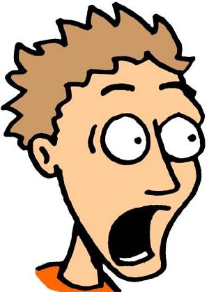 Cartoon man with spiky brown hair, wide eyes, and open mouth in shock or surprise.
