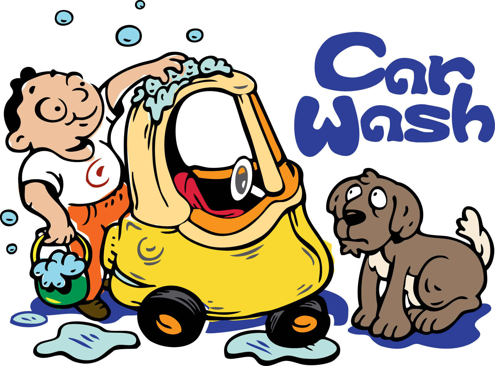 A cartoon boy washing a smiling yellow toy car with soap suds, while a brown dog watches nearby; "Car Wash" text in blue.