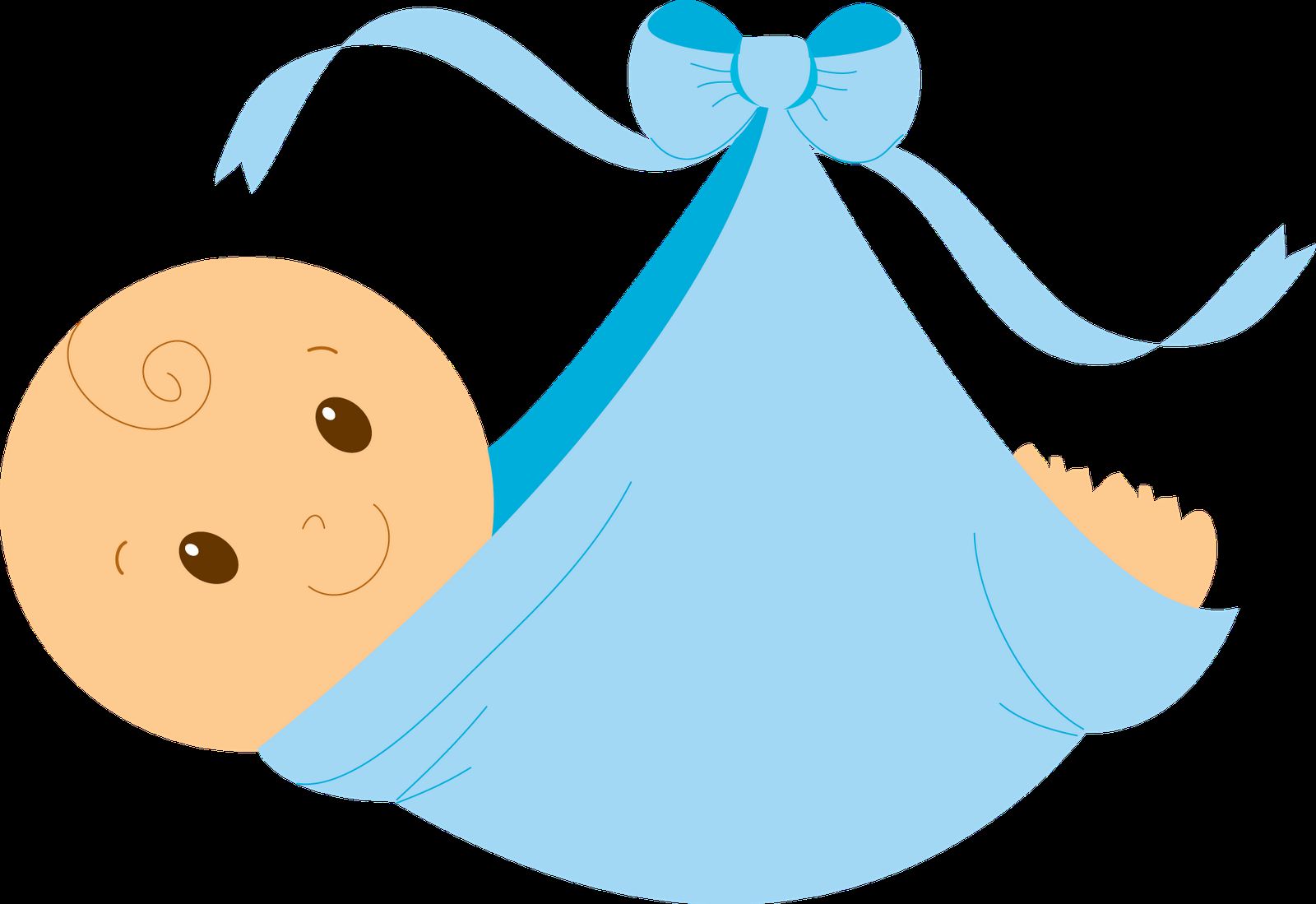 Smiling baby wrapped in a light blue blanket with a bow, cartoon style illustration.