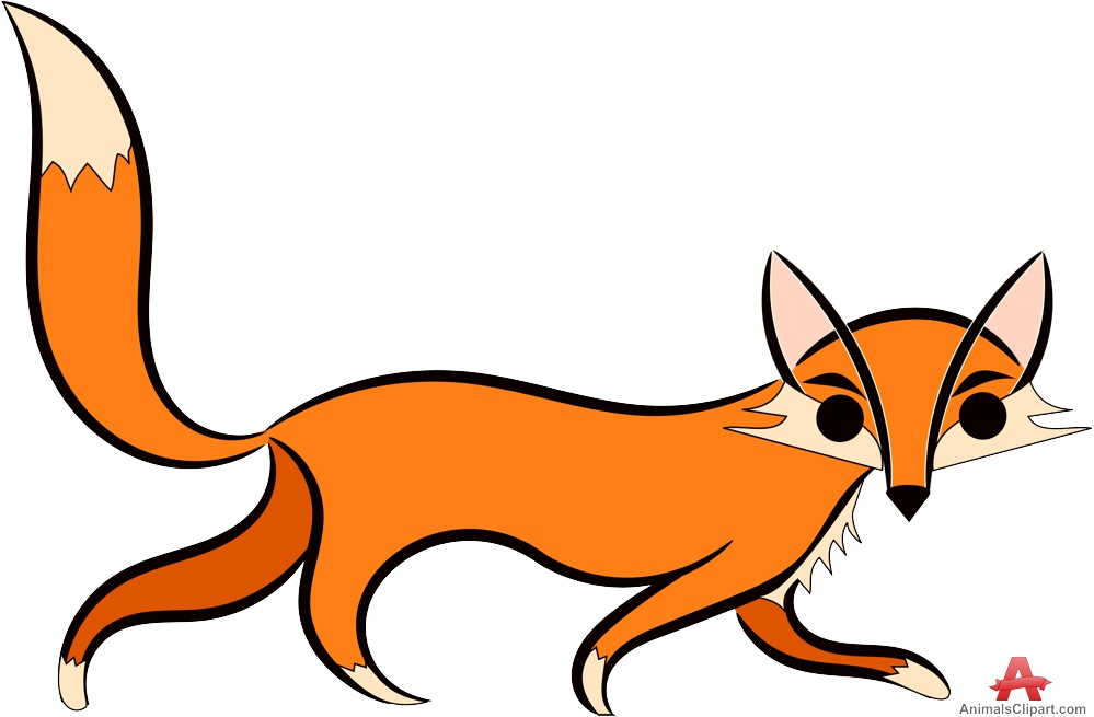 Stylized cartoon red fox in mid-stride, with bushy tail and alert expression, orange fur and white accents.