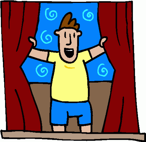 A cheerful cartoon man in a yellow shirt and blue shorts stands on stage with arms raised, red curtains open behind him.