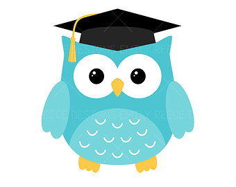 Blue cartoon owl wearing a black graduation cap with yellow tassel, symbolizing wisdom and academic achievement.