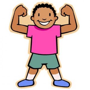 Smiling cartoon boy in pink shirt and green shorts flexing both biceps proudly.
