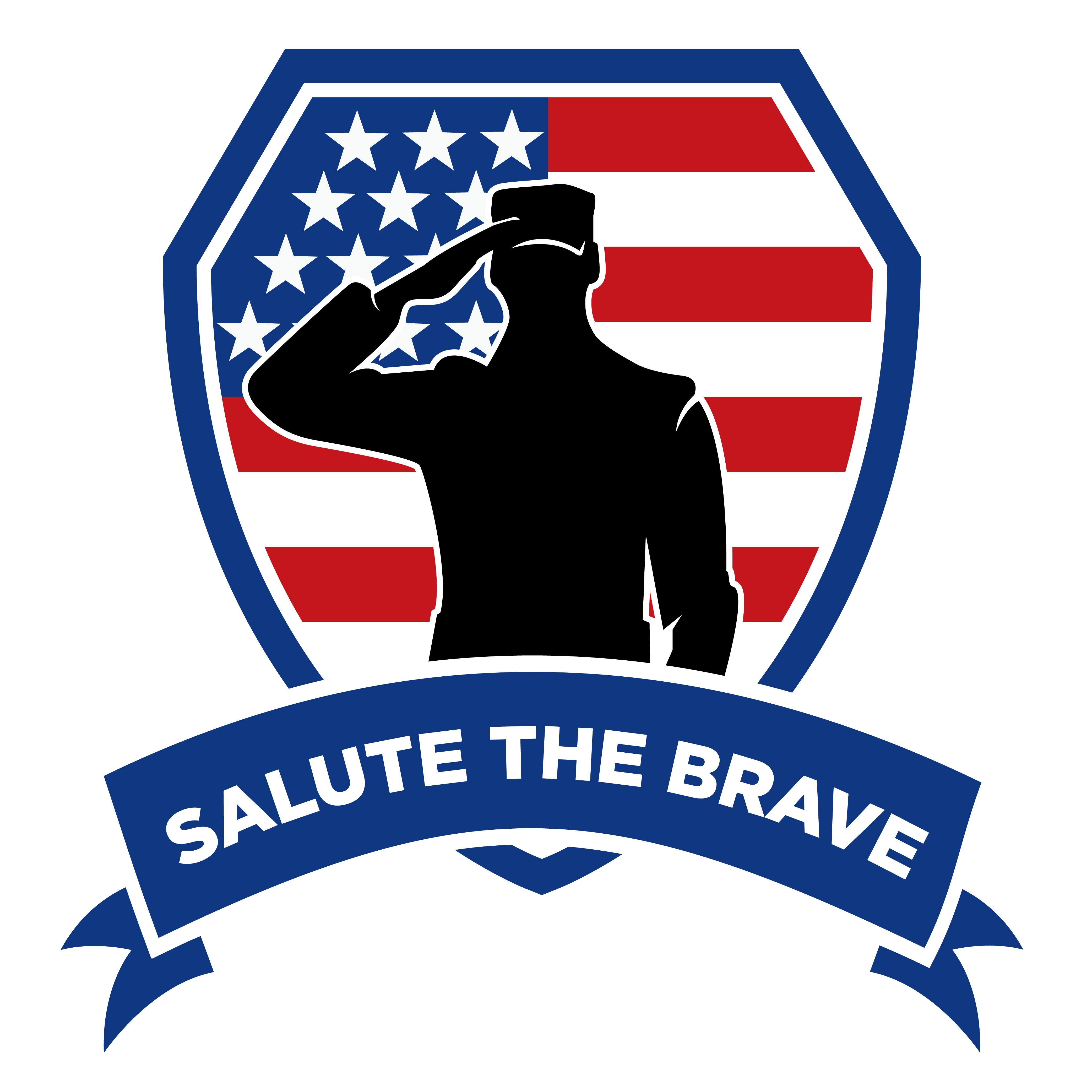 Silhouette of a soldier saluting over a U.S. flag-themed shield with banner reading "SALUTE THE BRAVE"