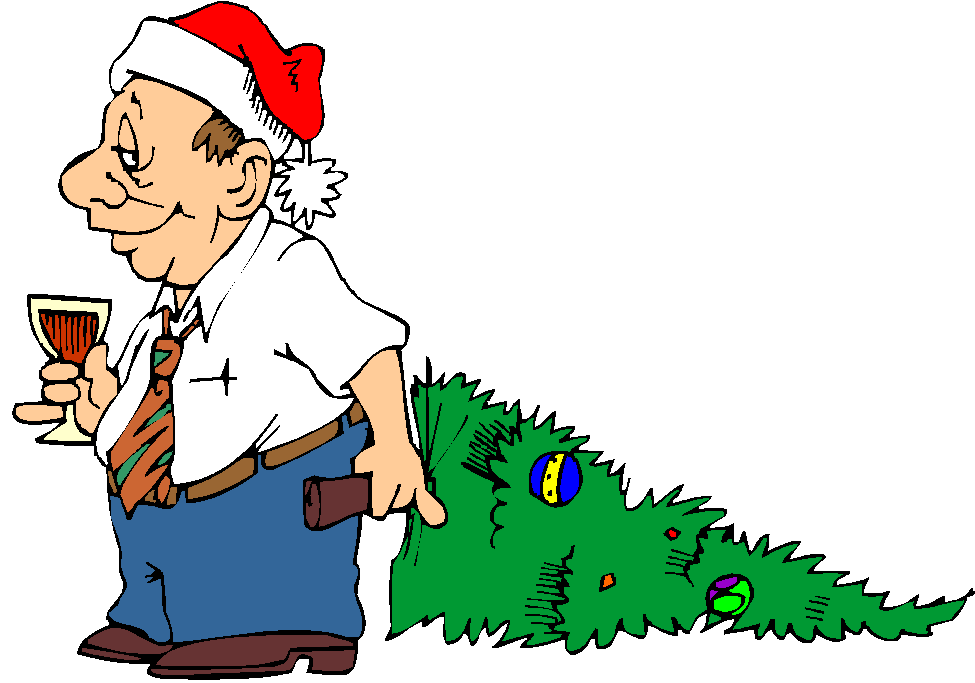 Man in Santa hat dragging a sparse, decorated Christmas tree while holding wine and a bottle.