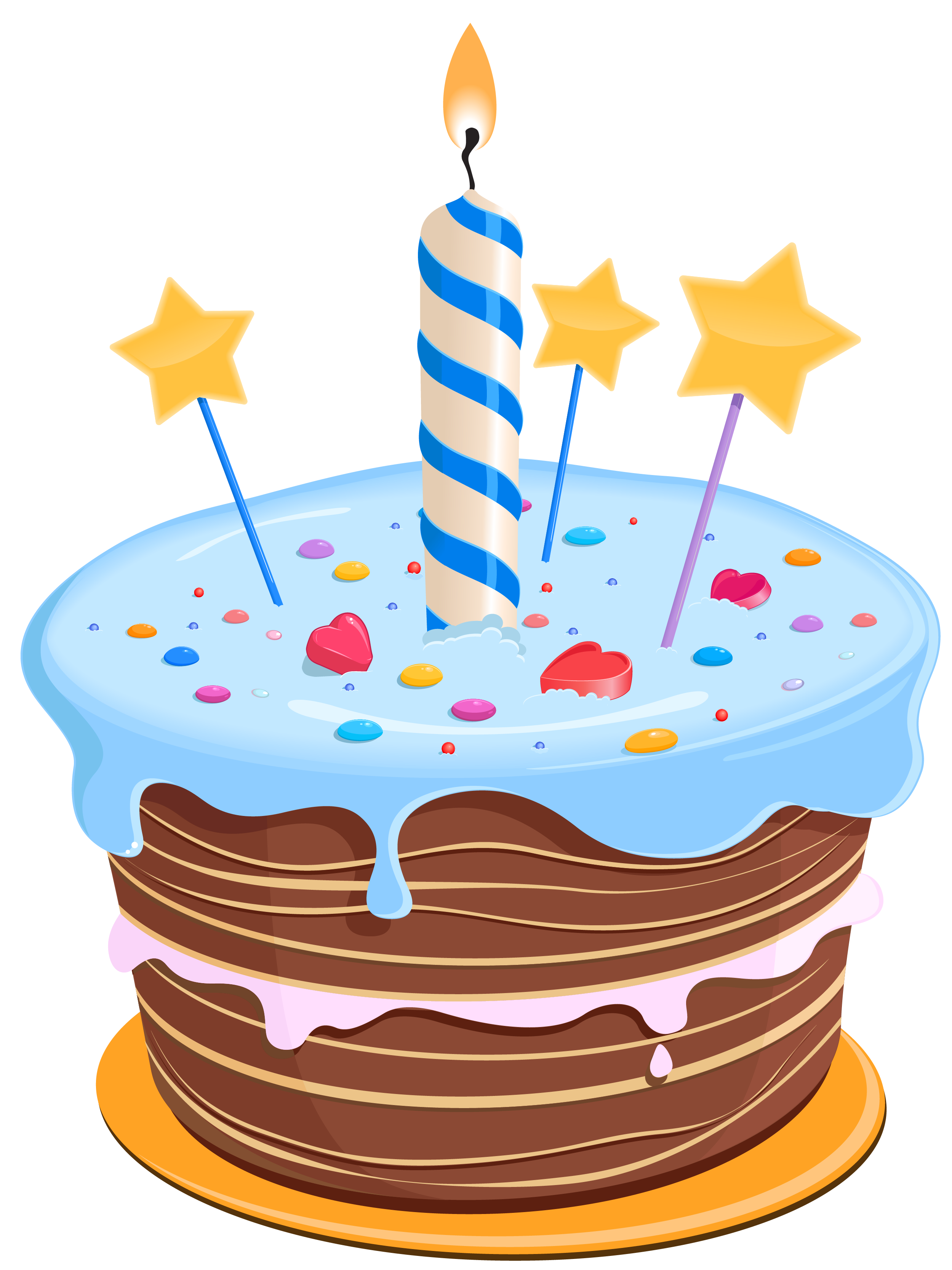 A colorful birthday cake with blue frosting, chocolate layers, a lit blue-and-white striped candle, and yellow star toppers.