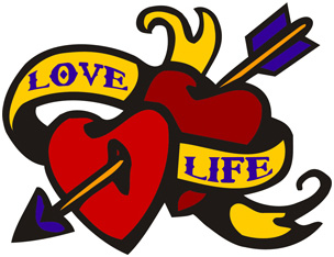 Tattoo-style illustration of two red hearts pierced by arrows, with yellow banners reading "LOVE" and "LIFE".