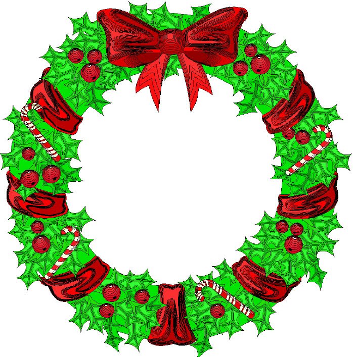 Festive Christmas wreath with holly, red berries, candy canes, ribbons, and a large bow.