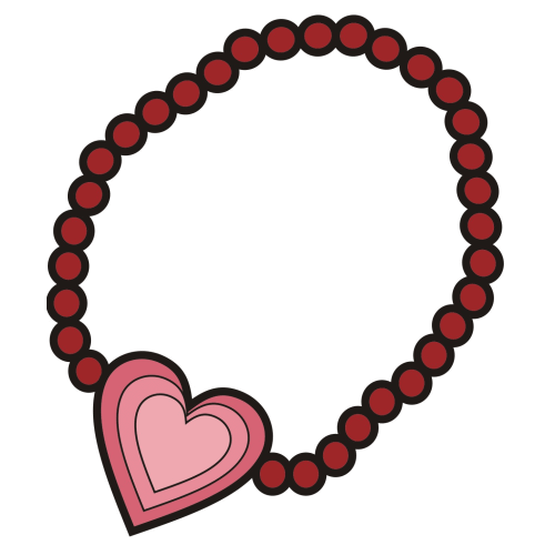 Red beaded bracelet with a layered pink heart charm, illustrated in cartoon style.