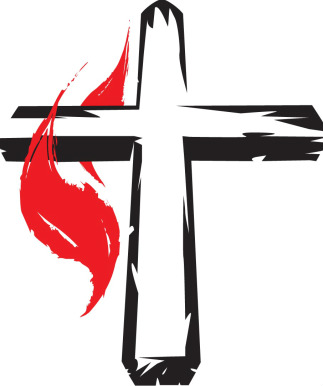 Black Christian cross with a red flame symbolizing the Holy Spirit on the left side.