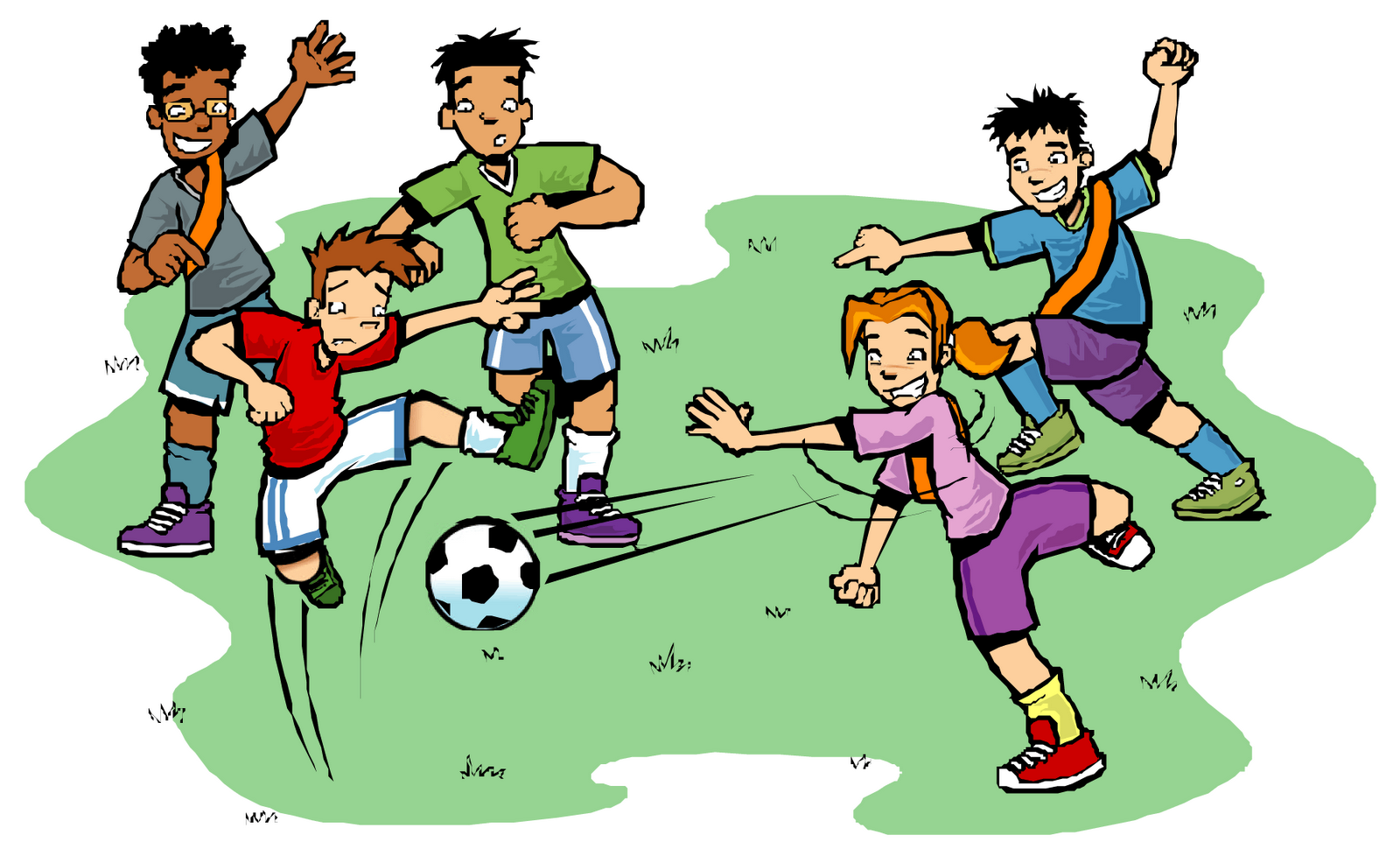Five diverse kids playing energetic soccer on a grassy field, kicking a ball with motion lines and joyful expressions.