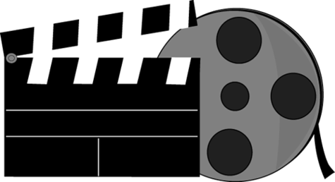 Black-and-white icon of a film clapperboard next to a film reel, symbolizing cinema and video production.