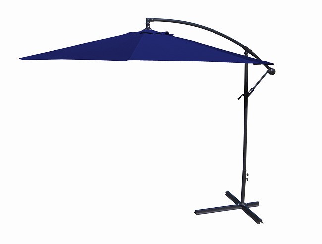 Navy blue cantilever patio umbrella with black metal frame and cross base, providing shade without central pole obstruction.