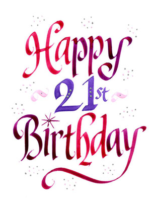 Elegant "Happy 21st Birthday" greeting card design with gradient script text and decorative sparkles.