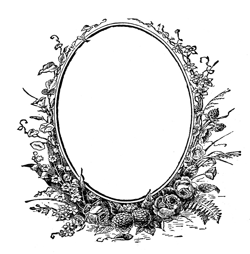 Vintage oval floral frame illustration with roses, ivy, and wildflowers in black-and-white line art style.