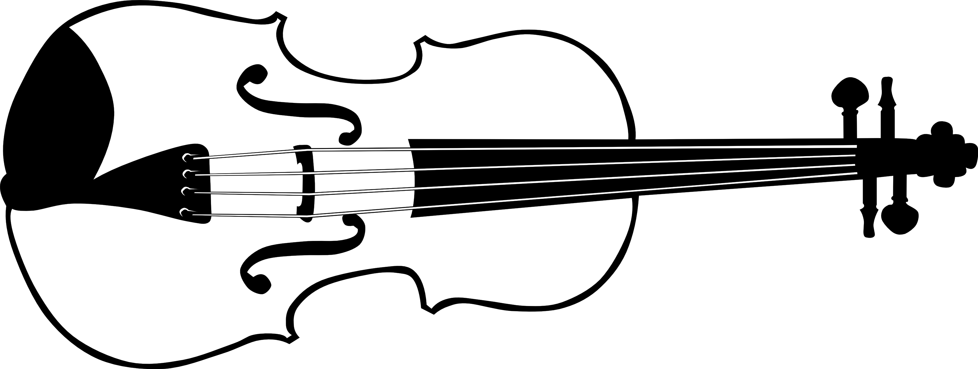 Black-and-white silhouette of a classic violin with f-holes, strings, and scroll detail.