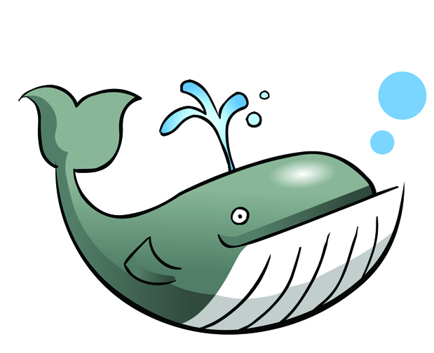Friendly green cartoon whale spouting water with bubbles, smiling and showing baleen plates.