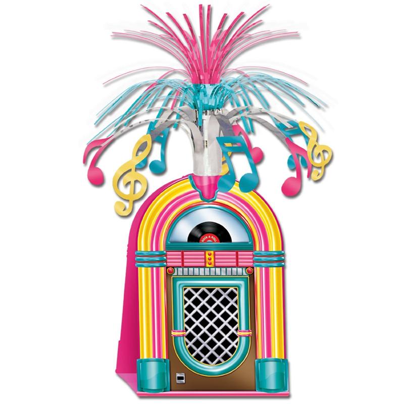 Vibrant retro jukebox party centerpiece with pink, teal, and yellow accents, musical notes, and a feather plume top.