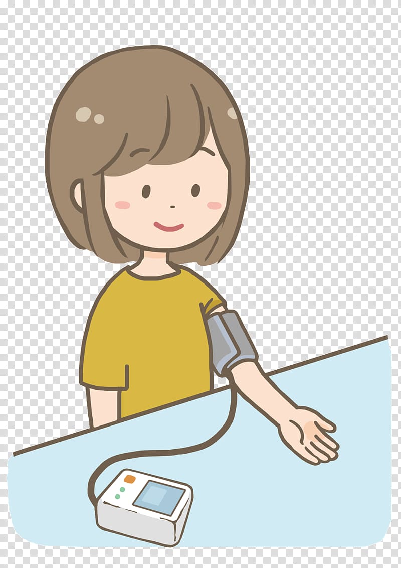 Young woman measuring blood pressure with a digital monitor on a table.