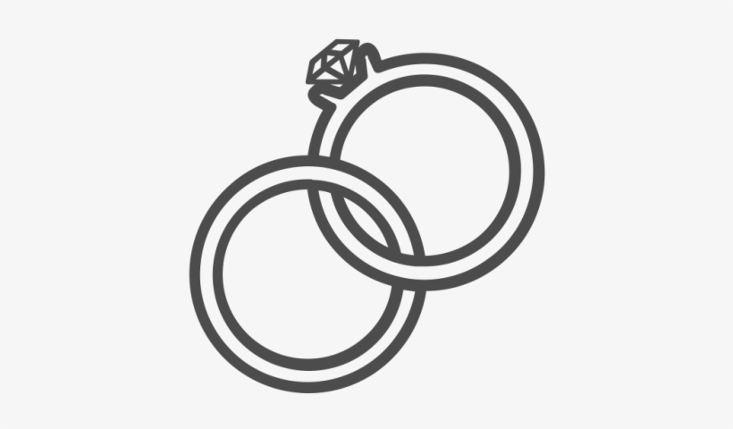 Two interlocked rings, one with a diamond solitaire, symbolizing engagement and marriage.