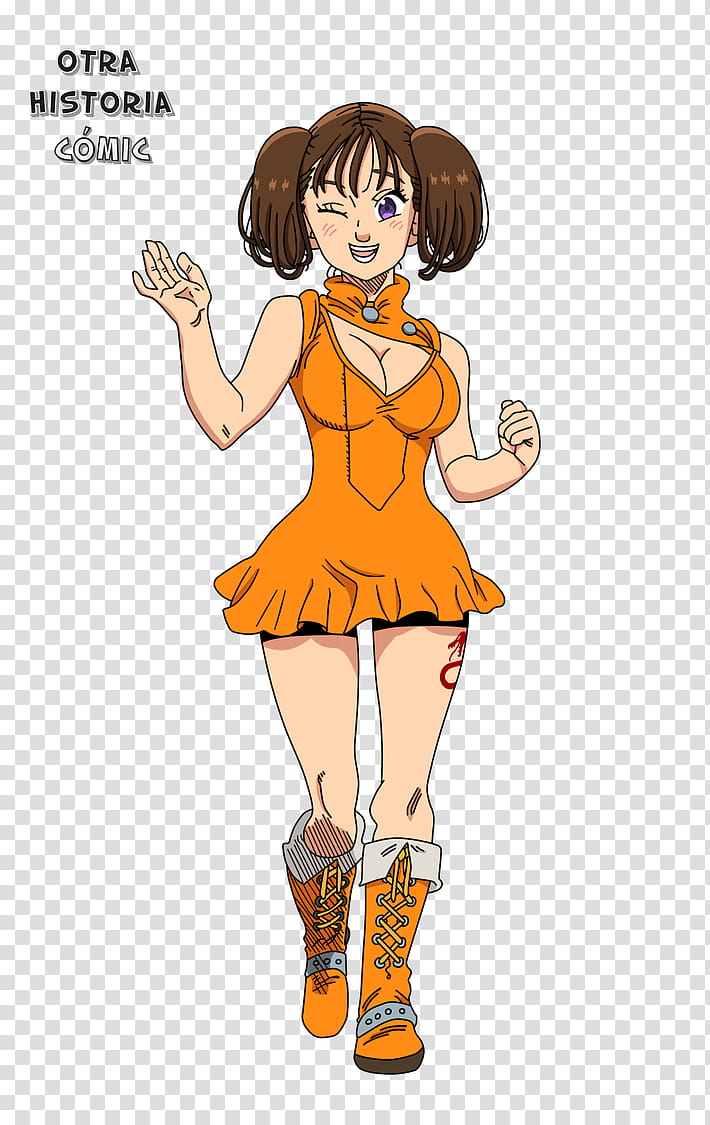 A cheerful anime-style girl with brown pigtails, wearing an orange dress and boots, waving with a wink.