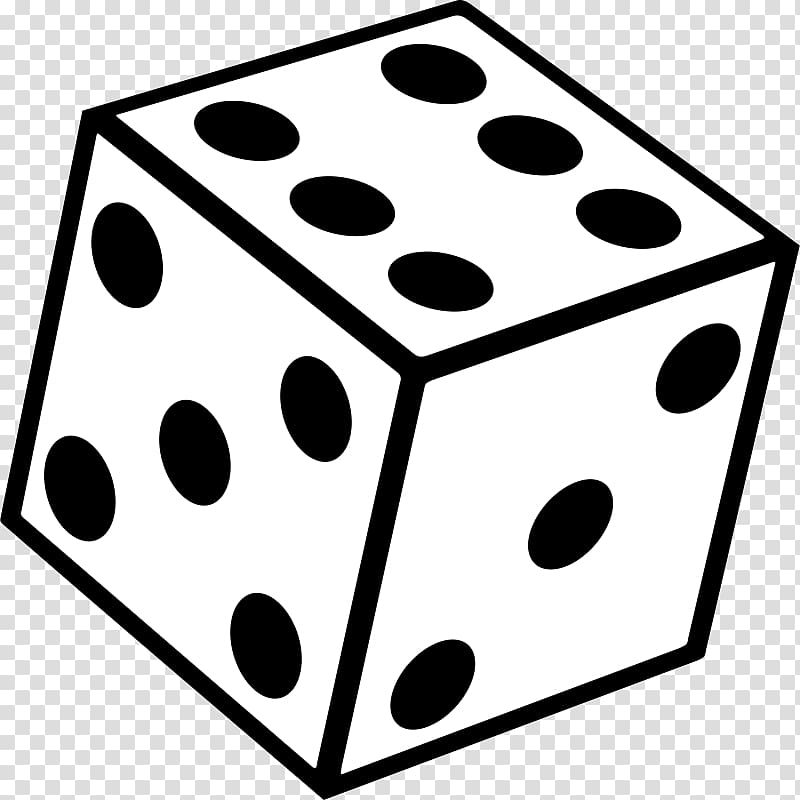 Black-and-white line drawing of a six-sided die showing faces with 3, 5, and 6 pips.