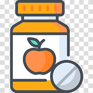 Orange pill bottle with apple icon and a white tablet beside it, symbolizing natural or fruit-flavored supplements.