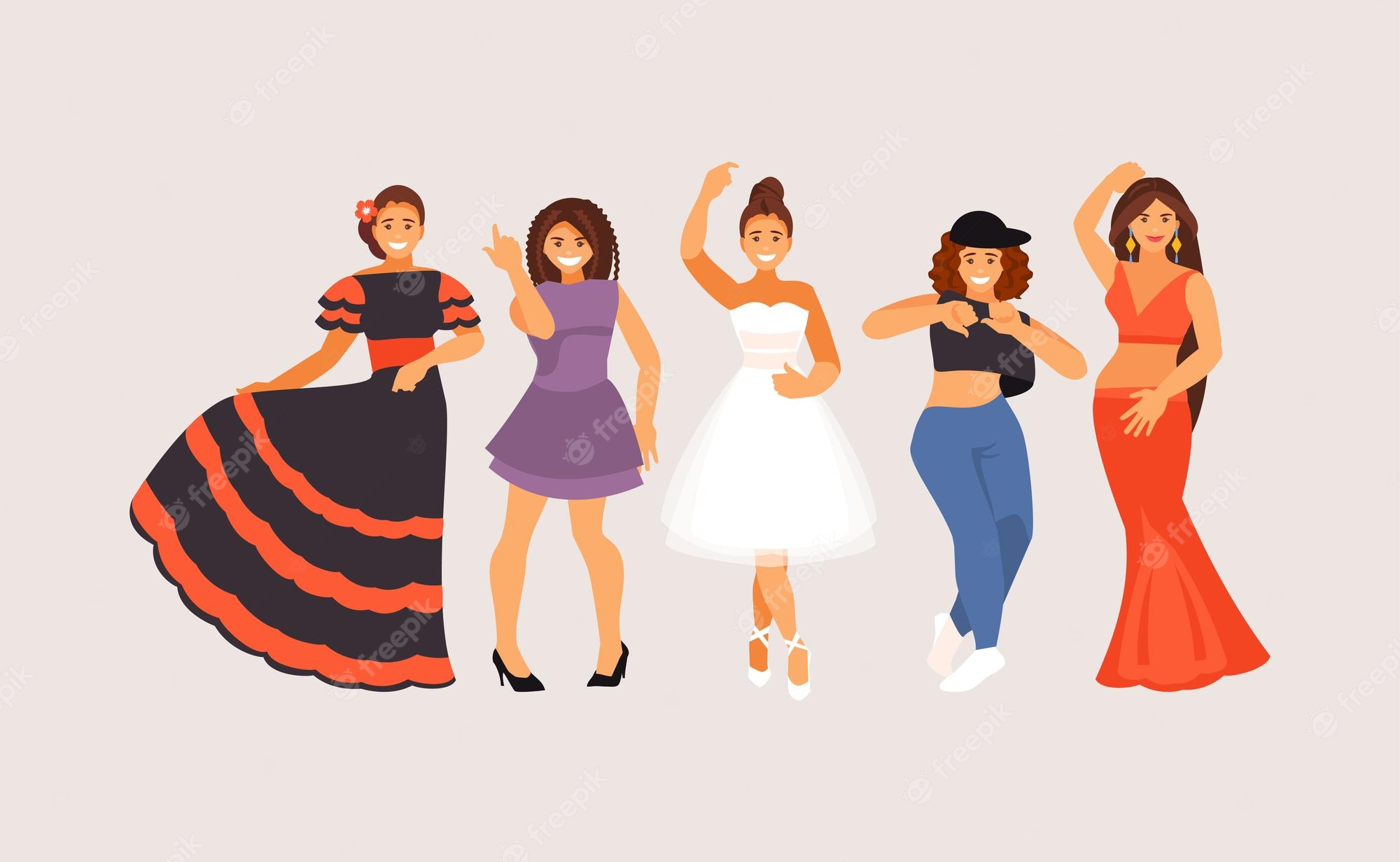 Five diverse women in colorful outfits dancing joyfully-flamenco, modern, bridal, streetwear, and belly dance styles.
