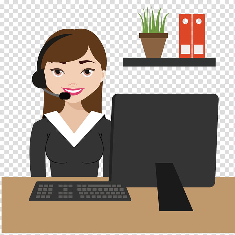 Friendly female customer support agent with headset at desk using computer, potted plant and binders in background.