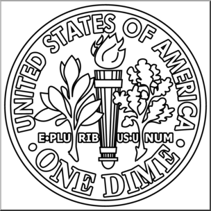 Line drawing of the obverse of a U.S. one dime coin featuring torch, oak and olive branches, and inscriptions "United States of America", "E Pluribus Unum", and "One Dime".
