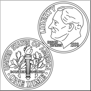 Line-art illustration of a U.S. dime showing obverse (Franklin D. Roosevelt) and reverse (torch, oak, olive branches) with 1990 mint year.