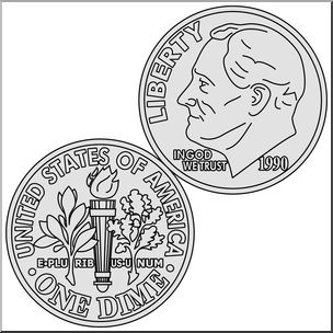 Line drawing of a 1990 US dime showing obverse (Franklin D. Roosevelt) and reverse (torch, oak, olive branches) designs.